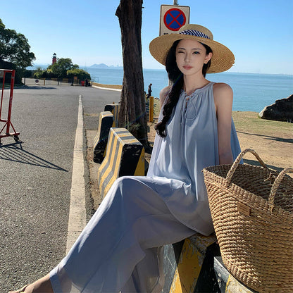 2025 Lazy wind wear women's summer seaside vacation leisure suit Zen simple chiffon loose trousers cold two-piece set