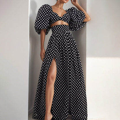2025 2025 women's clothing 2025 spring new temperament bubble sleeve polka dot top slit skirt fashion suit women