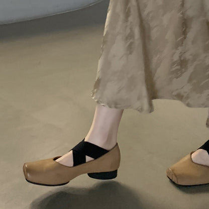 2025 Sheepskin version~ Trendy national style new Chinese style high texture square head versatile  commuter ol thick heel ballet single shoes women