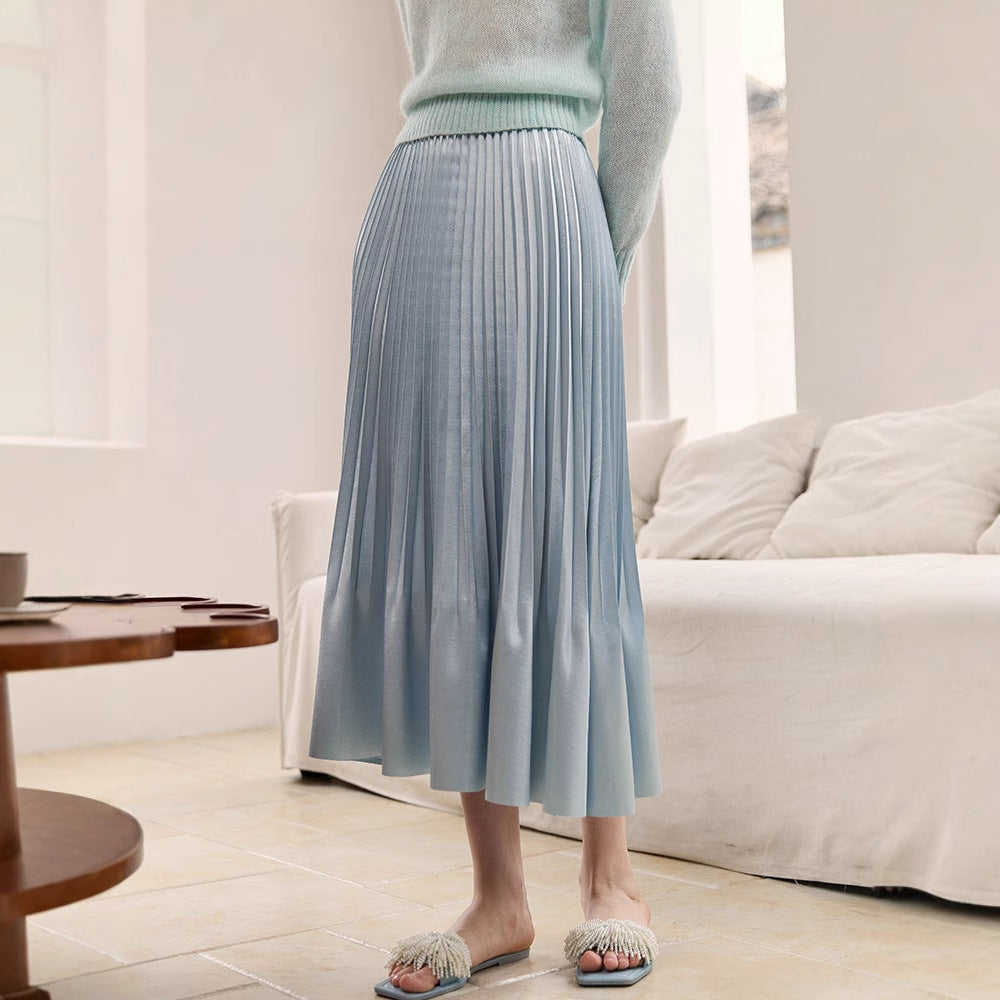 2025 pearlescent pleated skirt women's spring and summer elastic waist medium and long pleats
