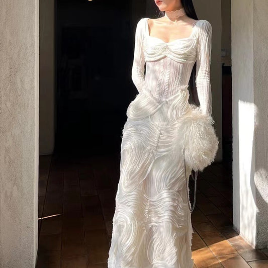 2025 24 Early spring new  romantic white texture splicing design generous neck knitted dress