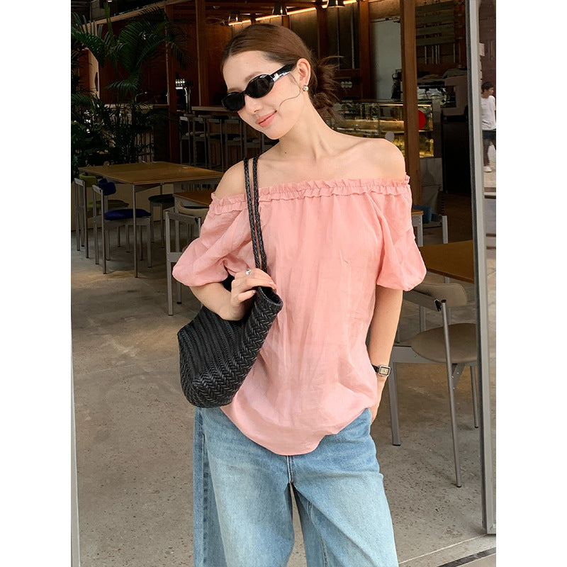 2025  Ramie Tencel Shoulder Short Sleeve Shirt 2025 Summer New Off-Shoulder Age Reduction Shirt Women's T5060X