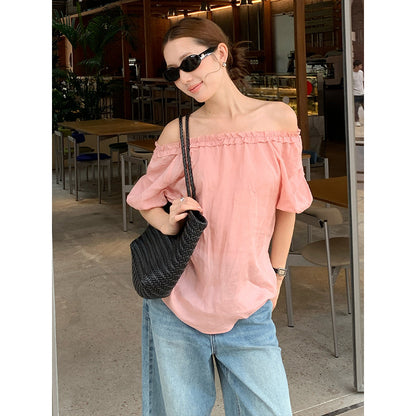2025  Ramie Tencel Shoulder Short Sleeve Shirt 2025 Summer New Off-Shoulder Age Reduction Shirt Women's T5060X