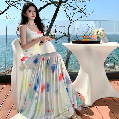 2025 Color tie-dye dopamine vacation style perspective pendulum super fairy Thai island atmosphere beach suspender long dress