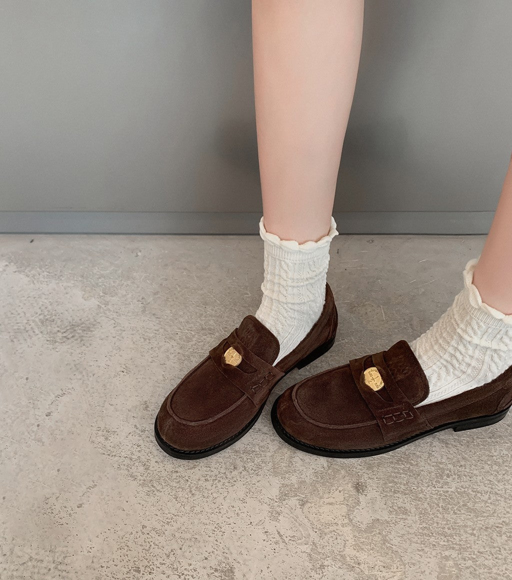 2025 Cowhide version~ Xingshengda shoes miu's small gold coins, genuine leather suede one-pedal loafers, women's small leather shoes autumn