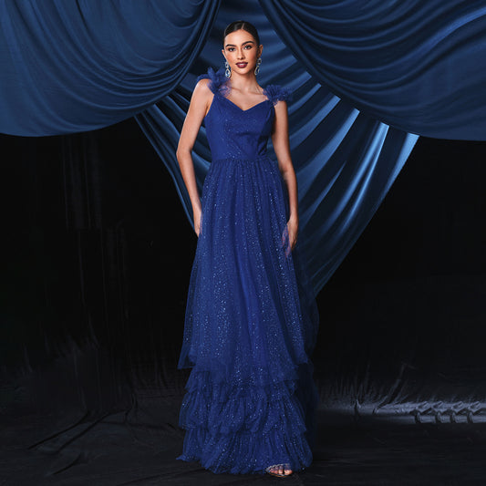 2025 sleeveless temperament suspender V-neck sexy long banquet evening dress bridesmaid mesh pendulum dress