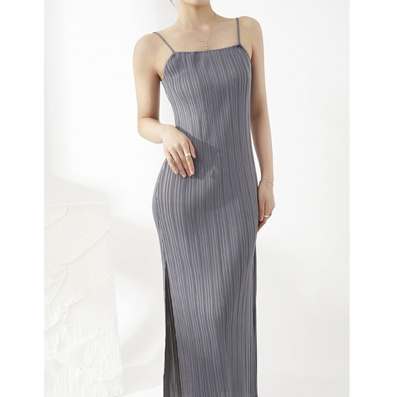 2025 suspender skirt design pleated dress women's summer new elegant temperament split-ended long dress