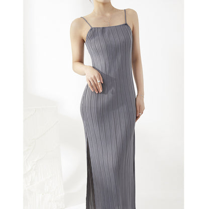 2025 suspender skirt design pleated dress women's summer new elegant temperament split-ended long dress