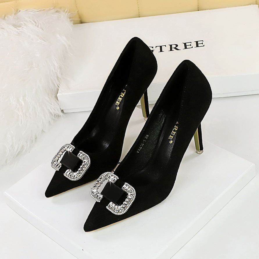 2025 516-K69  fashion banquet high heels women's shoes thin heel suede shallow mouth pointed rhinestone buckle high heel single shoes