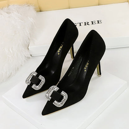 2025 516-K69  fashion banquet high heels women's shoes thin heel suede shallow mouth pointed rhinestone buckle high heel single shoes