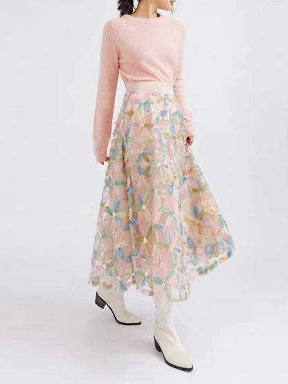 2025 2023 new spring atmosphere three-dimensional flower bead gauze skirt women's spring and autumn mesh skirt long skirt