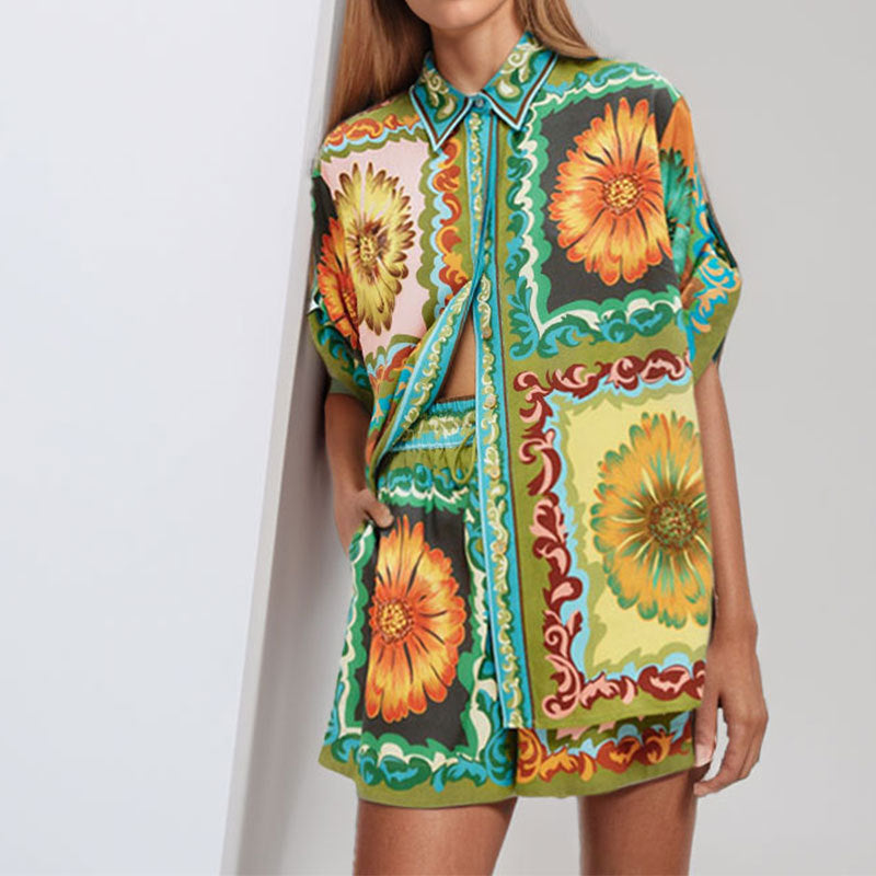 2025 Cross-border 2025 women's clothing 2025 spring new temperament casual printed shirt shorts two-piece fashion suit