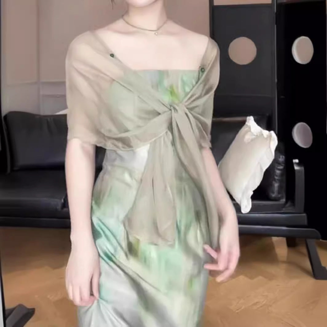 2025 New Chinese oil painting fake two-piece dress women's summer popular new chic shawl medium and long split skirt