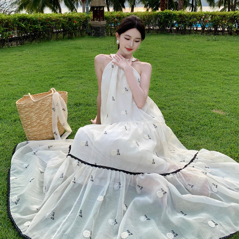 2025 Seaside vacation dress  super fairy high sense retro embroidery neck beach dress bow A word pendulum