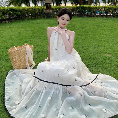 2025 Seaside vacation dress  super fairy high sense retro embroidery neck beach dress bow A word pendulum