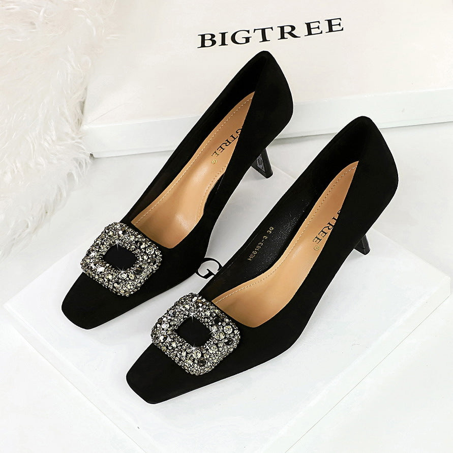 2025 6183-3K83  style fashion banquet women's shoes thin heel high heel suede light mouth square head metal rhinestone buckle single