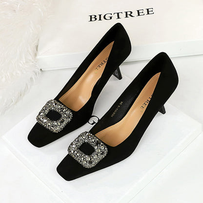 2025 6183-3K83  style fashion banquet women's shoes thin heel high heel suede light mouth square head metal rhinestone buckle single