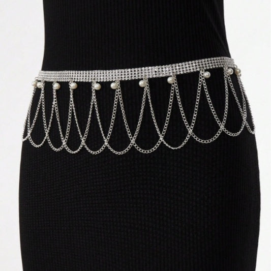 2025 3423  waist chain personalized pearl pendant rhinestone connected multi-layer wave fringed chain waist chain waist