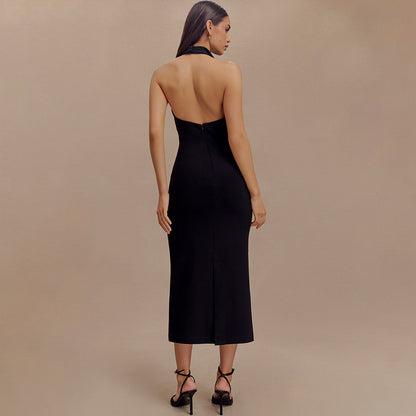 2025 New autumn new neck lapel hip-wrapped long dress fashionable and sexy sleeveless backless slim dress
