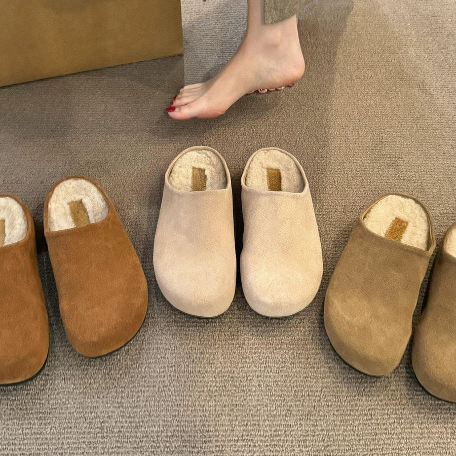 2025 3CM inner height increase~ velvet Birkenstocks thick-soled half-drag, autumn and winter new models one-pedal lazy bag head half-drag
