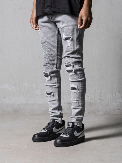 2025 Popularan, 2025n autumn and winter men's ripped and thin skinny jeans pants Popularan station INS explosion ripped patch pants