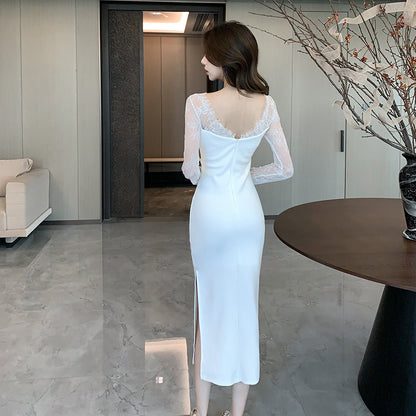 2025 temperament lace splicing long-sleeved dress female sexy halter dress dress white Popular atmosphere skirt