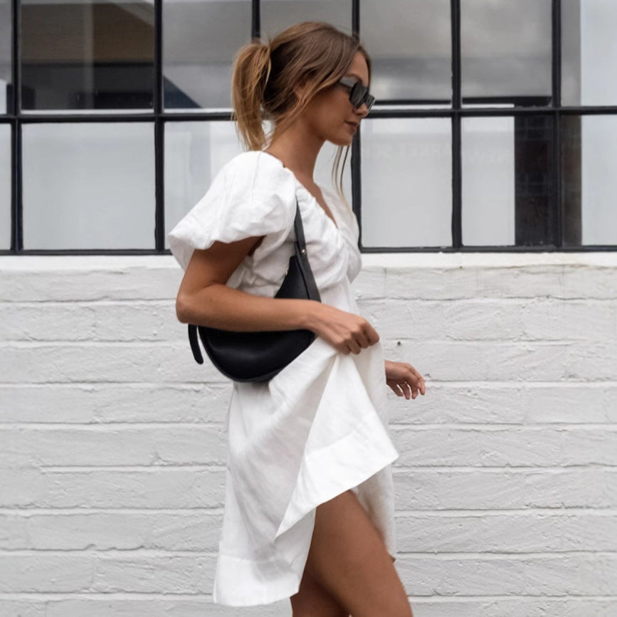 XAKXX 2025 early spring new cotton and linen V-neck bubble sleeves pure white dress 2025 fashion cross-border wholesale small white dress women