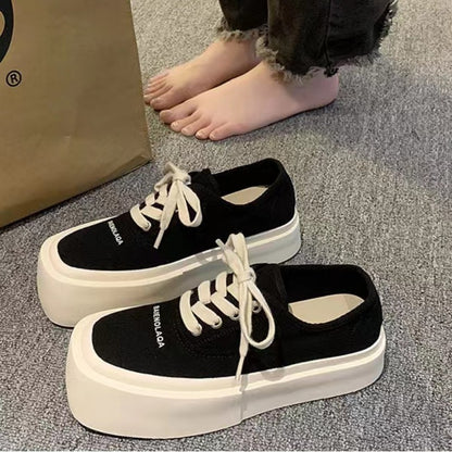 xakxx Popular Internet Celebrity Niche Square Toe Sneakers Women's Summer  New Platform Platform White Match Height Increasing Canvas White Shoes