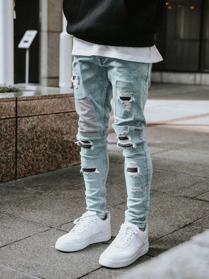 2025 Popularan, 2025n autumn and winter men's ripped and thin skinny jeans pants Popularan station INS explosion ripped patch pants