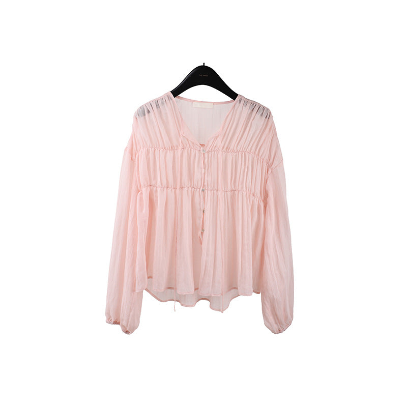 2025  Tencel linen pleated lace-up sunscreen shirt women's 2025 summer Korean light shirt T5032X