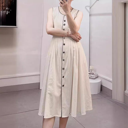 2025 Spot summer new vacation  retro style high-end sense thin sleeveless cotton and linen dress