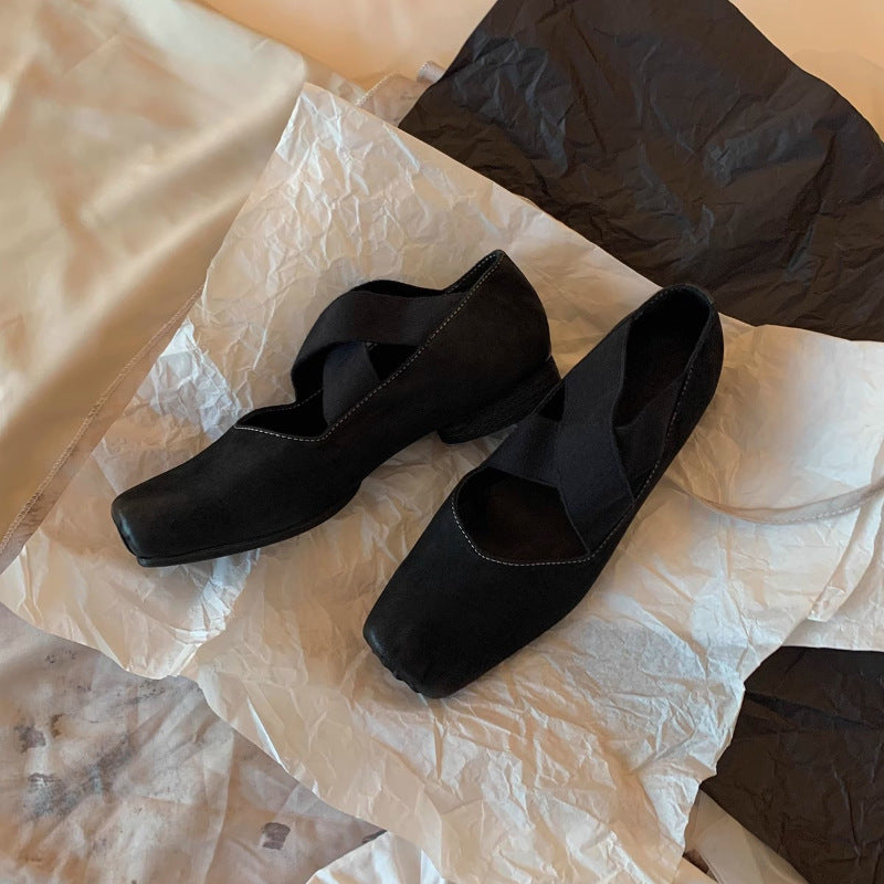 2025 Cowhide version~ Pig nose square head temperament versatile retro Mary Jane shoes cross strap thick heel ballet shoes women's single shoes