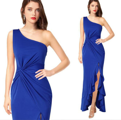 2025 Summer One Shoulder Evening Dress Women's Black Large Swing Dress Slim-Fit Jumpsuit Long Dress One Piece Dropshipping