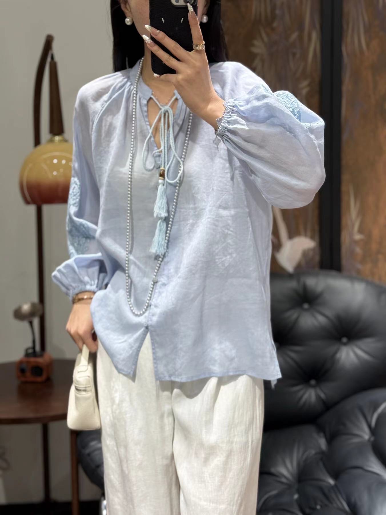 2025 High-end  early spring new 100 ramie sequined embroidery decoration fashionable loose and thin Popular shirt