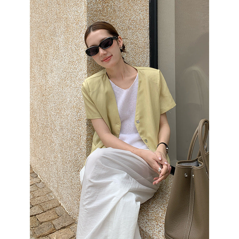 2025  Tencel linen premium shirt 2025 summer Korean version simple short-sleeved blazer T5029X