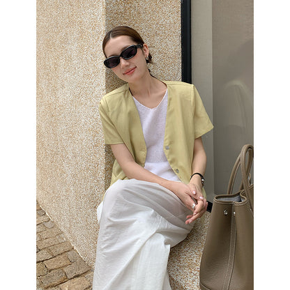 2025  Tencel linen premium shirt 2025 summer Korean version simple short-sleeved blazer T5029X