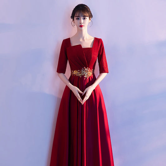 2025 Big choir performance dress women's long dress red adult host student red song solo recitation conductor evening dress