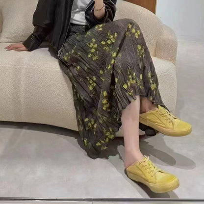 2025 Spring Korean version of high waist pleated retro floral A-shaped skirt versatile skirt fairy skirt fashionable medium and long skirt
