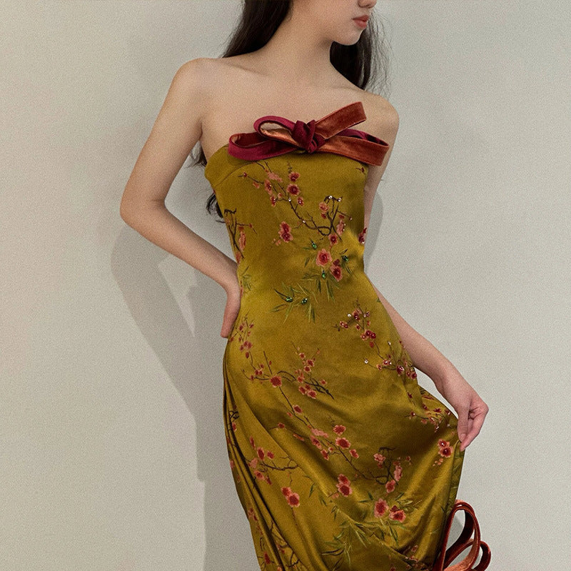 2025 New Chinese tube top morning gown dress women's dinner party bow return door banquet fishtail skirt bride toast dress