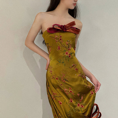 2025 New Chinese tube top morning gown dress women's dinner party bow return door banquet fishtail skirt bride toast dress