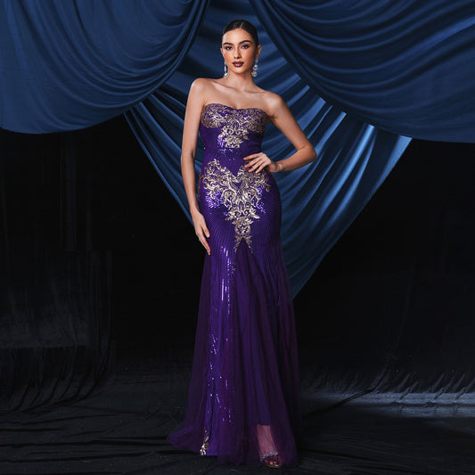 2025 sleeveless temperament one-word collar sexy chest wrap long sequined banquet evening dress bridesmaid dress dress