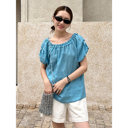 2025  Ramie Tencel Shoulder Short Sleeve Shirt 2025 Summer New Off-Shoulder Age Reduction Shirt Women's T5060X