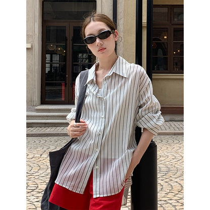 2025  Striped Sunscreen Shirt Women's 2025 Summer Thin Casual Loose Lazy Wind Long Sleeve Shirt T5051X