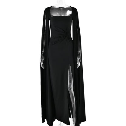 2025 New  popular new dress square collar mopping floor long sleeve high split end solid color sexy dress