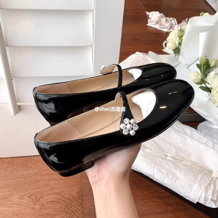 2025 Spot cowhide version~ Su Yinyin, the same flower diamond square head rhinestone buckle, flat bottom Mary Jane ballet single shoes women