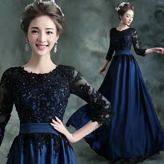 2025 Blue and black medium and long-sleeved bridal wedding dress popular new spring and autumn banquet annual performance host long evening dress