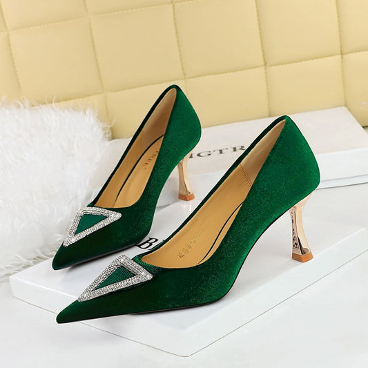 2025 1818-K36  style banquet high heels thickened suede shallow mouth pointed triangle metal rhinestone buckle single shoes