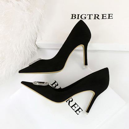 2025 516-K69  fashion banquet high heels women's shoes thin heel suede shallow mouth pointed rhinestone buckle high heel single shoes
