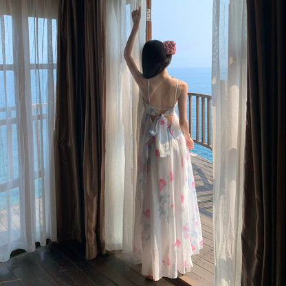 2025 Coffee break  gentle wind floral suspender dress seaside vacation chic unique super good-looking white fairy dress