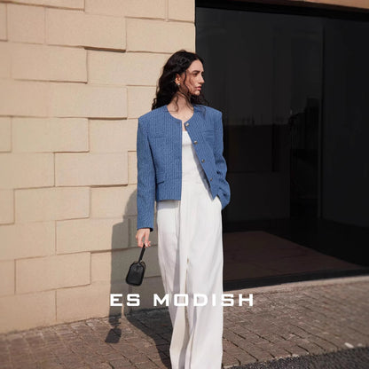 2025 ES MODISH spring new  blue small fragrant coat small people can wear celebrity temperament short coat